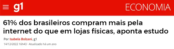 card de uma notícia informando que 61% dos brasileiros compram mais pela internet do que em lojas físicas, aponta estudo